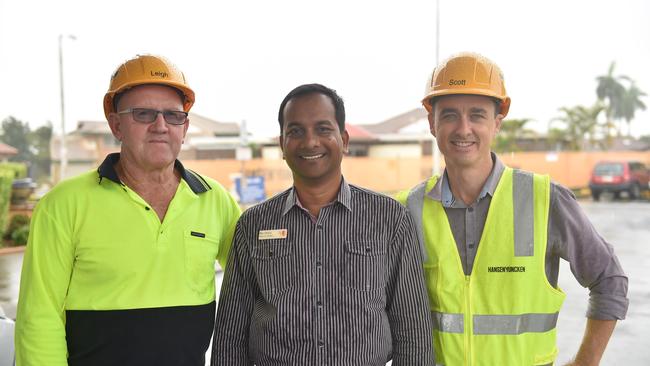 Bolton Clarke Fernhill Retirement Village started its multimillion-dollar transformation this week. Pictured: site supervisor Leigh Shervey, residential manager Ram Korla and Hansen Yunken project manager Scott Butler.