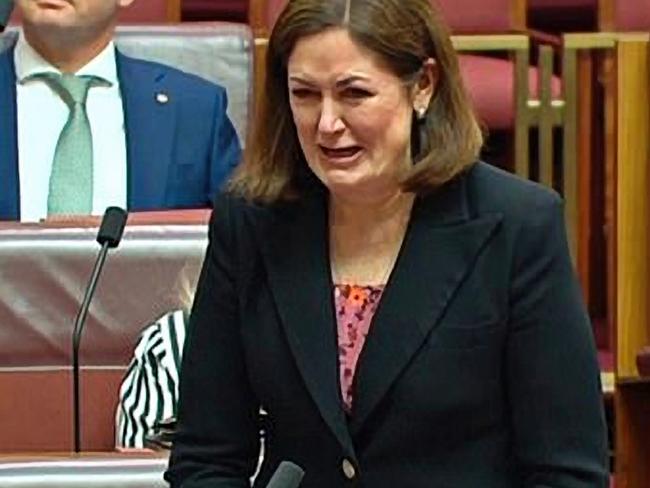 Shadow Minister for Education Sarah Henderson breaks down after making a statement in the Senate chamber at Parliament House in Canberra, Friday, March 24, 2023.