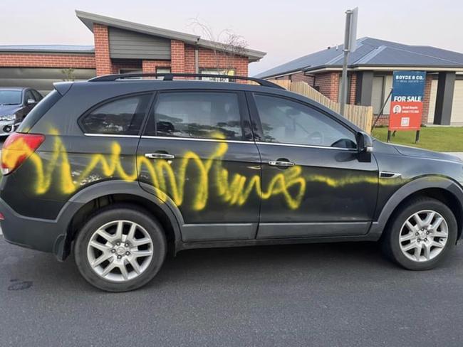 Police are investigating reports of graffiti on vehicles on Wentworth Rd in Wonthaggi on Wednesday night. Picture: Facebook