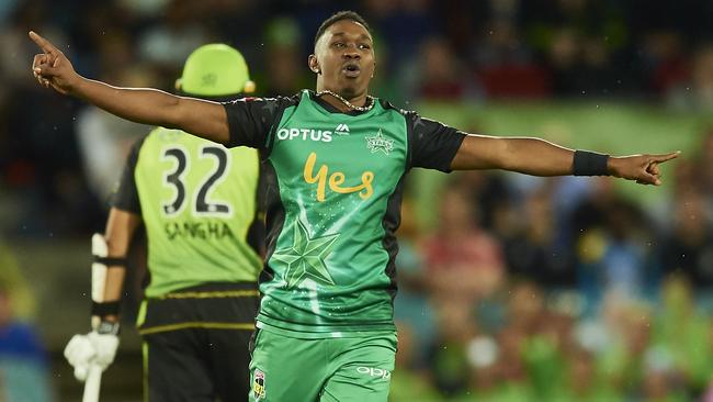 Dwayne Bravo celebrates taking a wicket for the Melbourne Stars.