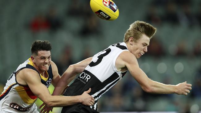 Magpies Todd Marshall under pressure from Adelaide’s Jordan Boyle. Picture: SARAH REED