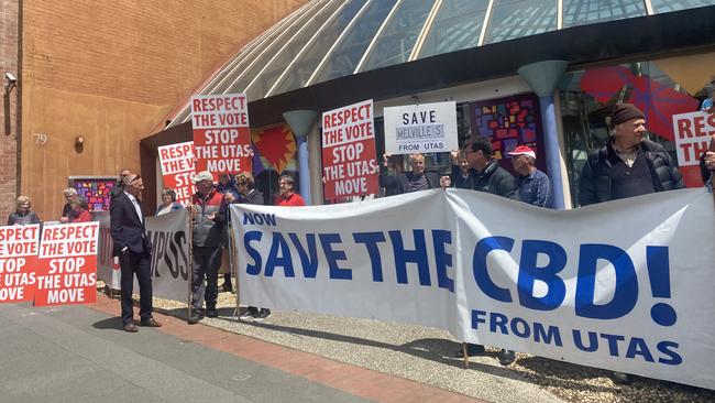 The Save UTAS Campus group protested in front of the Forestry building in December.