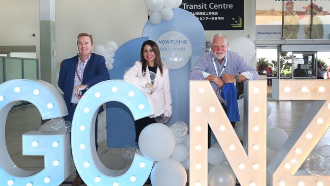 Gold Coast Airport CEO Chris Mills with Destination Gold Coast CEO Patricia O'Callaghan and Chairman Paul Donovan at the Gold Coast Airport. Picture Glenn Hampson