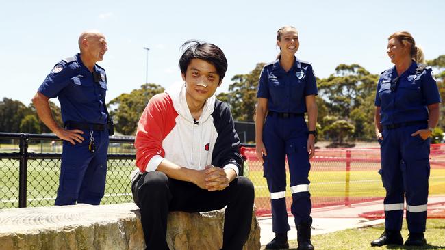 Sydney pilot Horace Ho catches up with the paramedics who helped him after he crashed his plane at Cromer Park. L to R, Dave Stubbs, Horace Ho, Ellie Hayne and Vanessa Cox. Picture: Sam Ruttyn