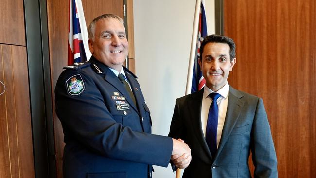 Queensland Police Commissioned Officers Union president Kerry Johnson with newly elected Premier David Crisafulli.