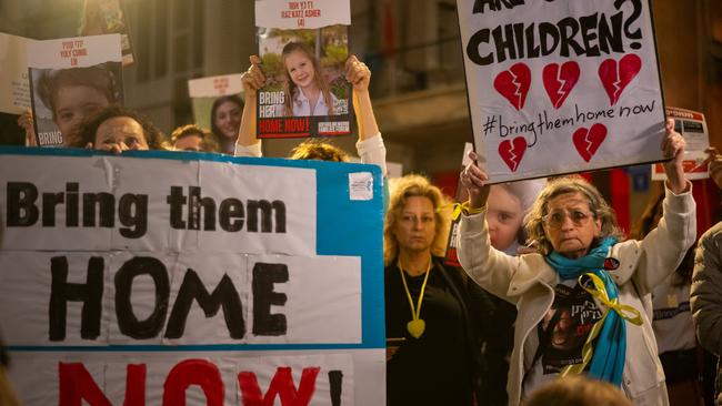 The parents and relatives of children kidnapped on October 7th rally outside UNICEF. Picture: Getty Images.