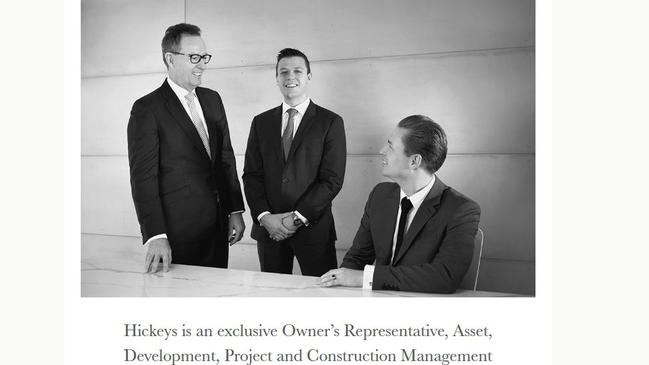 Screenshot from former Hickey Management website showing Tony Hickey, Jordan Hickey and James Davidson, now with One PM Group, which was founded by Tony Hickey.