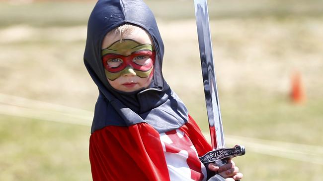 Junior knight, Walter Freeman, 3, of Copping, at the Medieval Festival at New Norfolk. Picture: KIM EISZELE