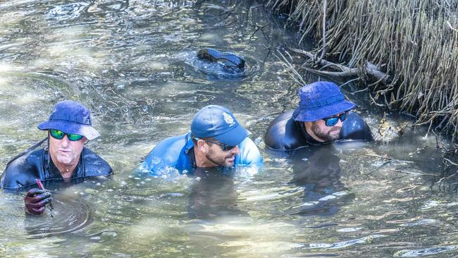 Police divers search Nudgee Creek for Natarn Auld. Picture: Richard Walker