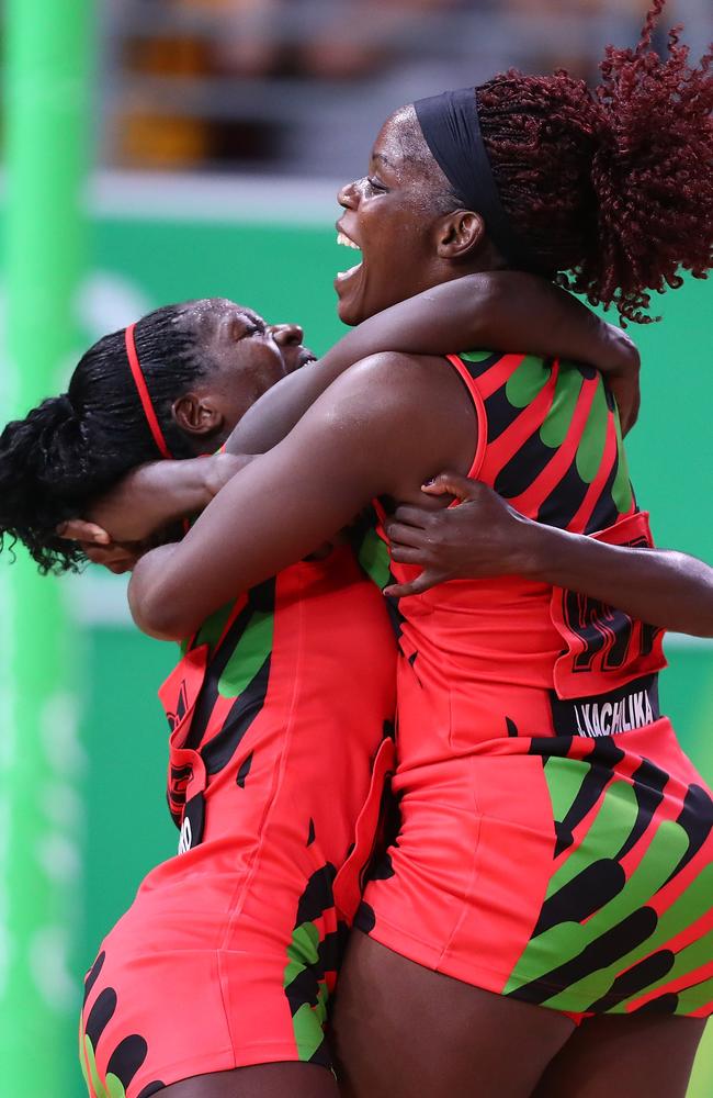 Malawi celebrate winning the Netball match between New Zealand and Malawi