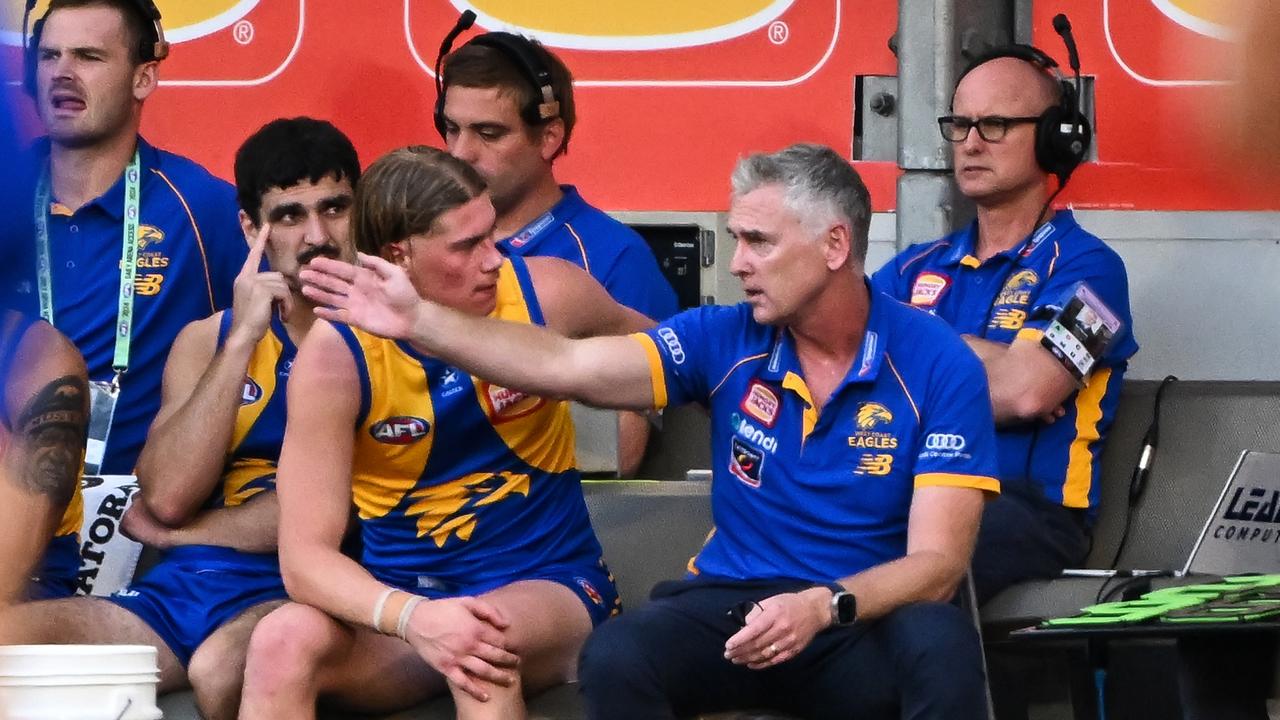Eagles coach Adam Simpson says Harley Reid (centre left) wanted to play against Gold Coast on Sunday but has been ‘flagging’ physically for the past fortnight. Picture: Daniel Carson / Getty Images