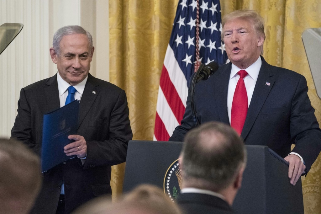 WASHINGTON, DC - JANUARY 28: U.S. President Donald Trump and Israeli Prime Minister Benjamin Netanyahu participate in a joint statement in the East Room of the White House on January 28, 2020