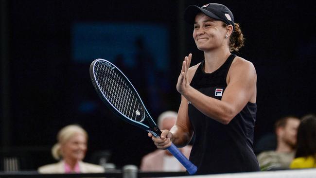 Ash Barty celebrates after defeating Sofia Kenin at the Adelaide International. Picture: AFP.