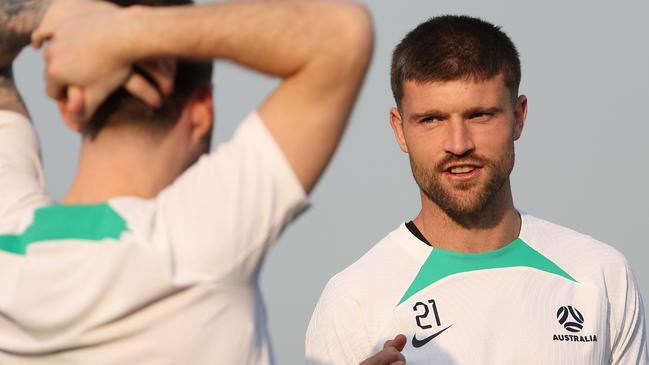 DOHA, QATAR - JANUARY 16: Cameron Burgess of Australia is seen during an Australia Socceroos training session ahead of the the AFC Asian Cup at Qatar University Field 11 on January 16, 2024 in Doha, Qatar. (Photo by Robert Cianflone/Getty Images)