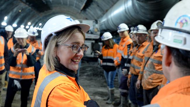 Transport Infrastructure Minister Jacinta Allan inspects work under Franklin St and Bowen St Melbourne for the construction of the Metro rail tunnel. Picture: Andrew Henshaw