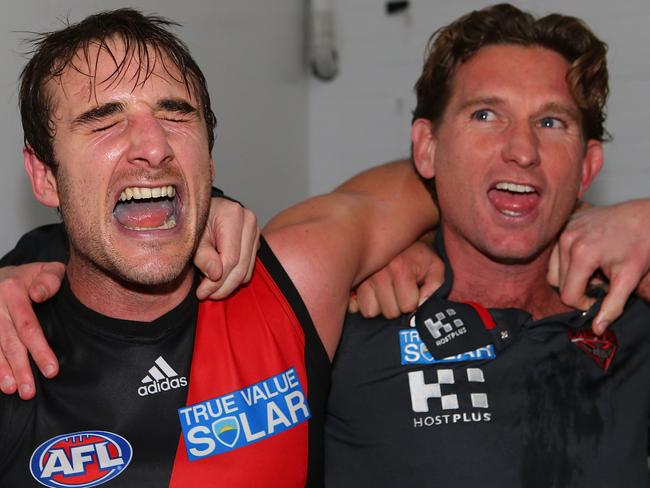 Jobe Watson and James Hird celebrating a win together during happier times. Picture: Getty Images