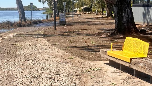 Receding water at Sturt Reserve, Murray Bridge, reveals a muddy mess. Photo: Rural City of Murray Bridge/Facebook