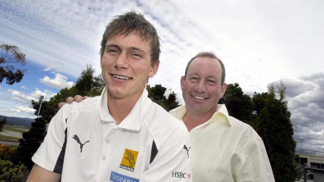 Mitch Thorp in Tasmania with his father after being picked by the Hawks in the draft.