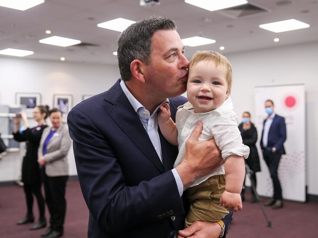 Daniel Andrews with baby Elliott at The Royal Women’s Hospital. Picture: Brendan Beckett