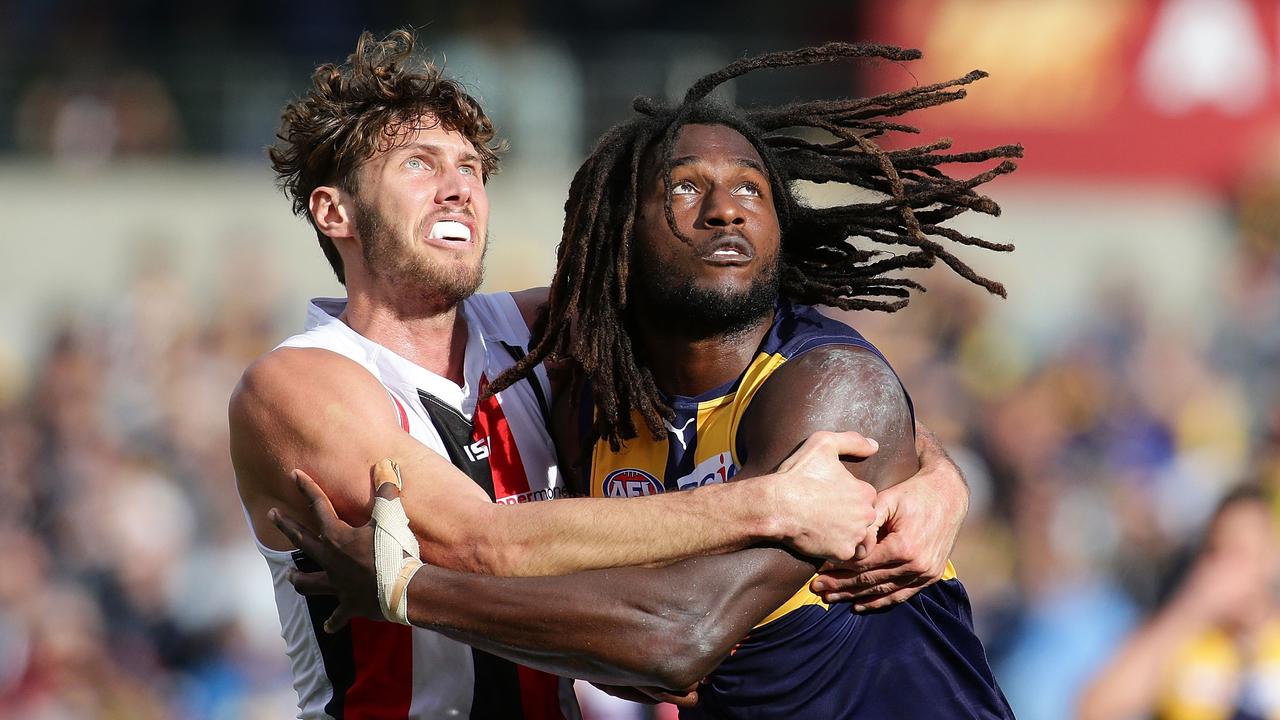 Tom Hickey and Nic Naitanui are now teammates. Photo: Will Russell/AFL Media/Getty Images.