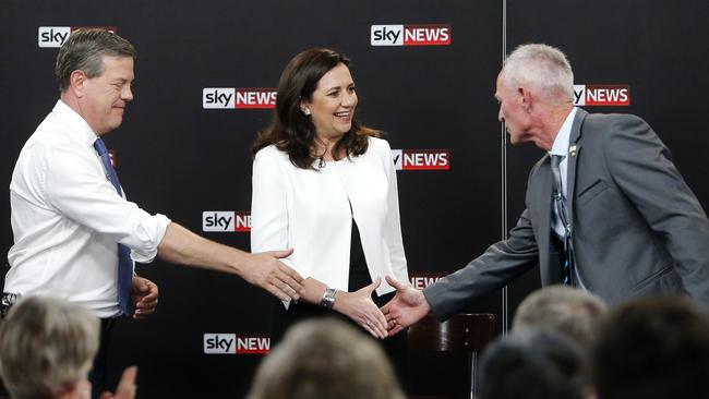 Tim Nicholls (LNP), Annastacia Palaszczuk (ALP) and Steve Dickson (One Nation) faced off over Adani, jobs, political deals and cost of living at the Sky News, Courier Mail leaders forum at the Broncos Leagues Club. Picture: Josh Woning/AAP
