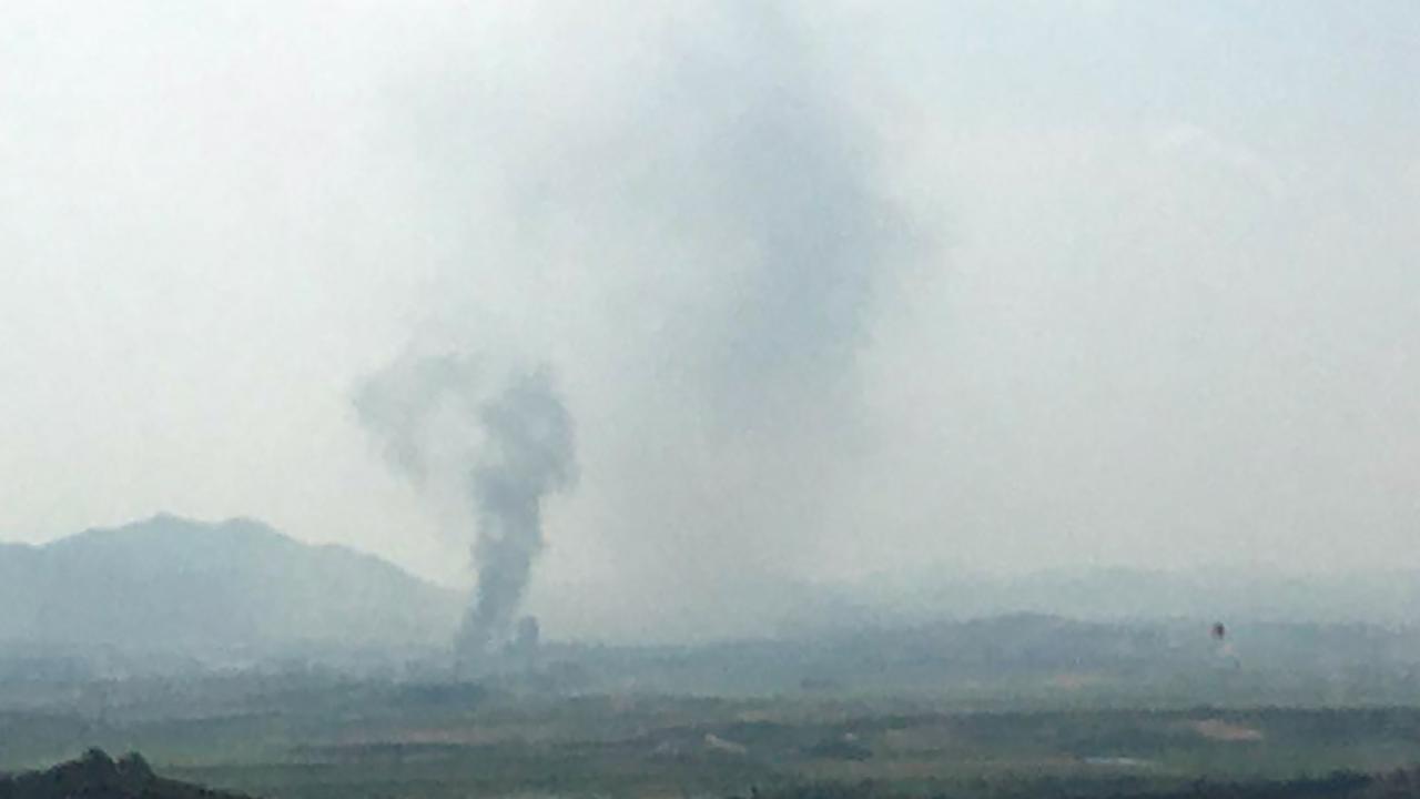 South Korea said North Korea has exploded an inter-Korean liaison office building just north of the tense Korean border on Tuesday. Picture: Yonhap via AP