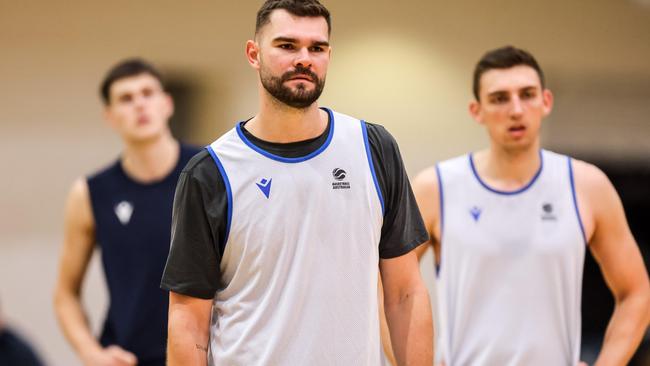 Boomers teammates Isaac Humphries and Mason Peatling during the Aussies’ team training camp. Picture: Supplied