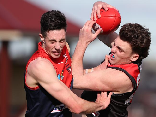 Football. Tasmanian State League. North Hobart V North Launceston. Jacob Steele North Hobart and Jackson Callow North Launceston. Picture: NIKKI DAVIS-JONES