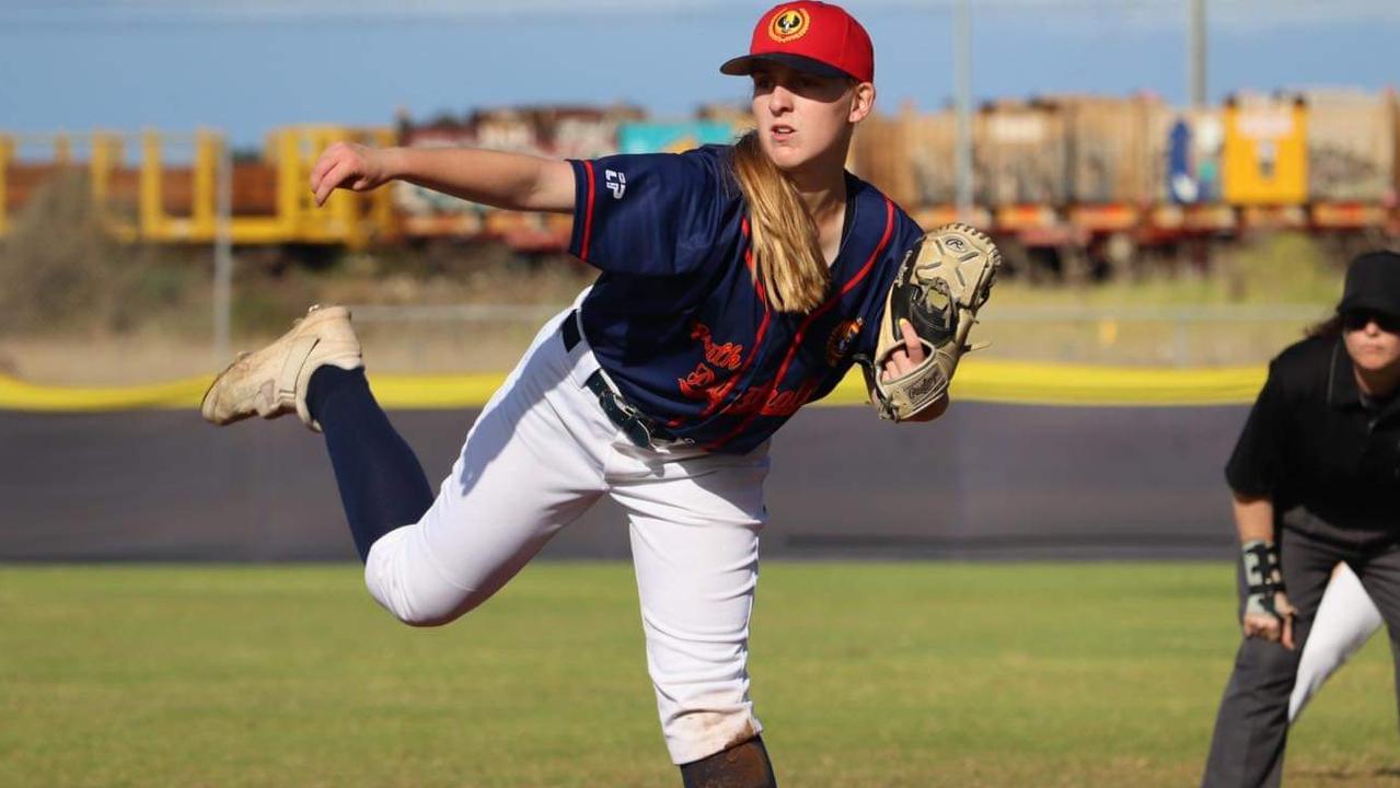 Gun baseballer Alice Brown displays her pitching style. Picture: Baseball SA