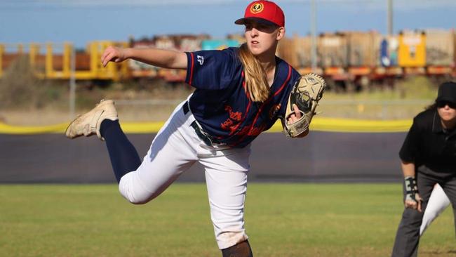 Gun baseballer Alice Brown displays her pitching style. Picture: Baseball SA