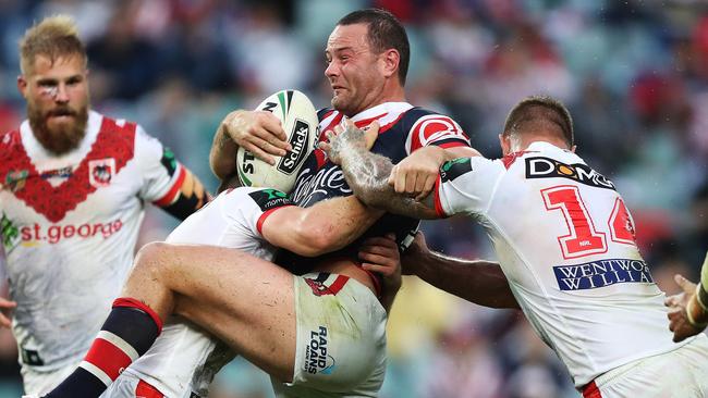 Boyd Cordner on the charge for the Roosters. Picture: Brett Costello