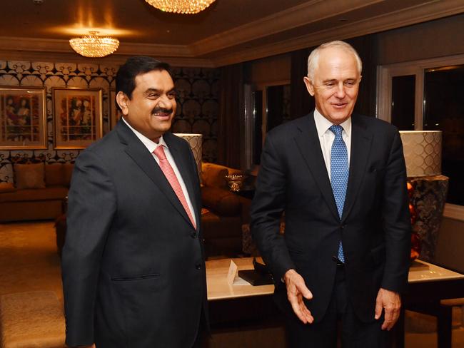 Australian Prime Minister Malcolm Turnbull (right) meets with India's Adani Group founder and chairman Gautam Adani in New Delhi, India, Monday, April 10, 2017. Picture: Mick Tsikas/AAP.