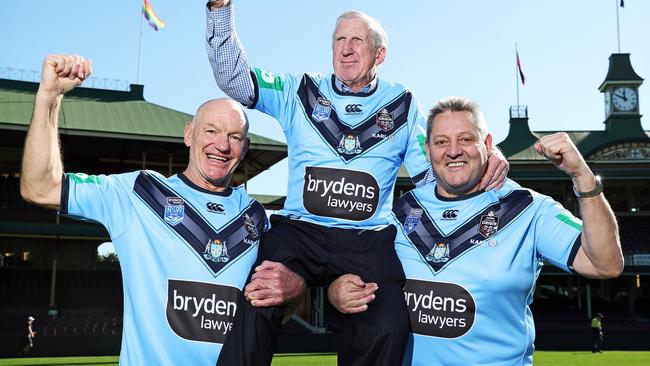 Peter Wynn, Steve Mortimer and Steve Roach, 35 years after the Blues most famous Origin victory at the SCG when the iconic photos were take of Mortimer being chaired off. Pic: Tim Hunter.