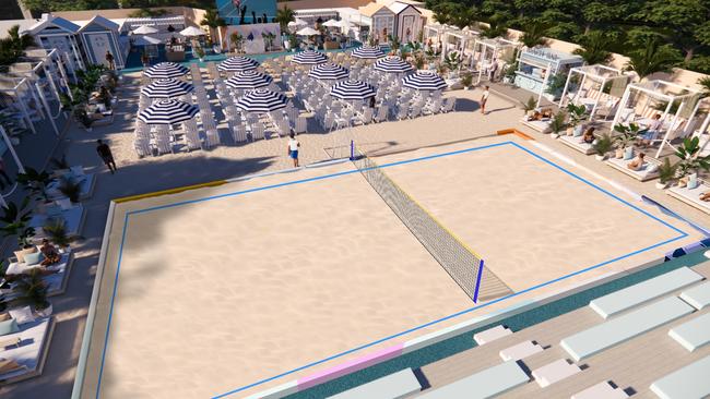 The entire northern side of the Australian Open site will be transformed into an “AO Beach House’’ with sand, bars, water features, big screens, deck chairs and a beach tennis court. Picture: Supplied