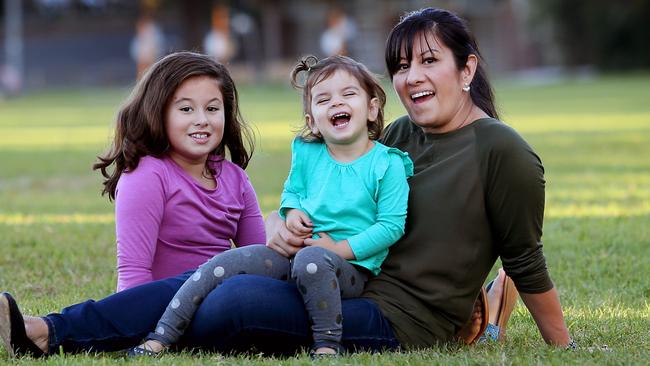 Cecilia Karakasis with her daughters Alyssa, 7, and Mikayla, 2. Picture: Richard Dobson