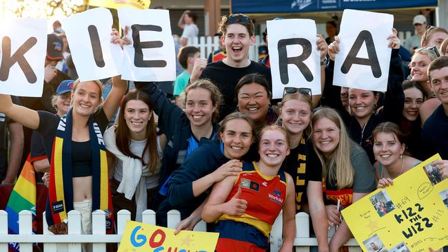 Kiera Mueller celebrates her first game with a win at Unley Oval. Picture: James Elsby/AFL Photos via Getty Images