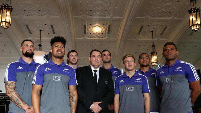 New All Blacks Elliot Dixon, Ardie Savea, Liam Squire, coach Steve Hansen, Tom Franklin, Damian McKenzie, Ofa Tu’ungafasi and Seta Tamanivalu.