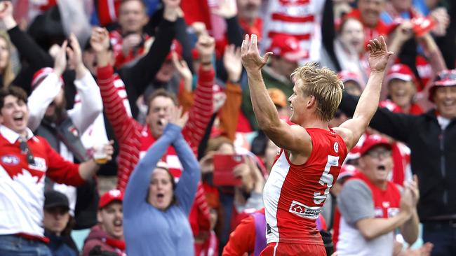 Sydney's Isaac Heeney celebrates kicking a goal with the fans during the Sydney Derby XVXII AFL match between the Sydney Swans and GWS Giants at the SCG on May 4, 2024. Photo by Phil Hillyard(Image Supplied for Editorial Use only - **NO ON SALES** - Â©Phil Hillyard )