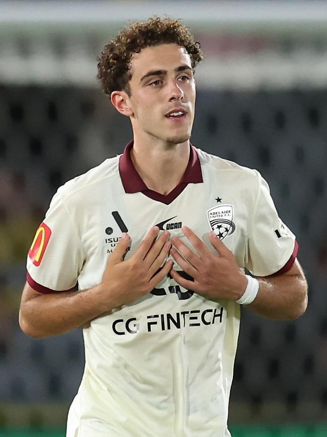 Panagiotis Kikianis celebrates goal during the round eight A-League Men match between Central Coast Mariners and Adelaide United. Picture: Scott Gardiner/Getty Images