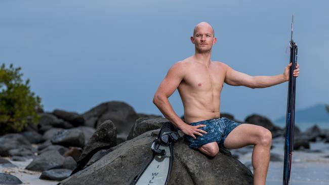 Mission Beach father Glenn Dickson, survived a savage shark attack but lost his right leg whilst spearfishing at Eva Rock in North Queensland in 2017. Picture: Marc McCormack