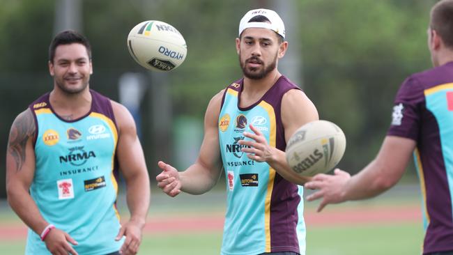 Jordan Kahu and his Broncos teammates in the new training kit. Picture: Annette Dew