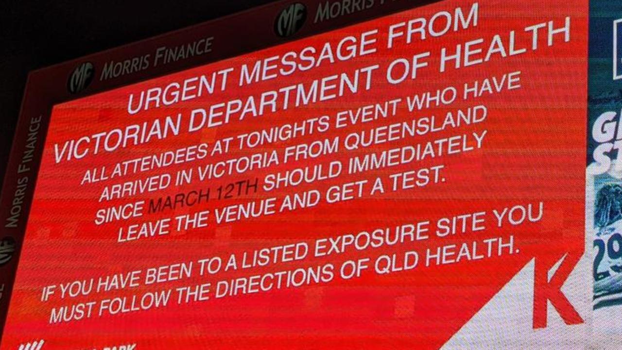 Footy fans were told to leave after a message was projected on the big screen. Picture: Twitter