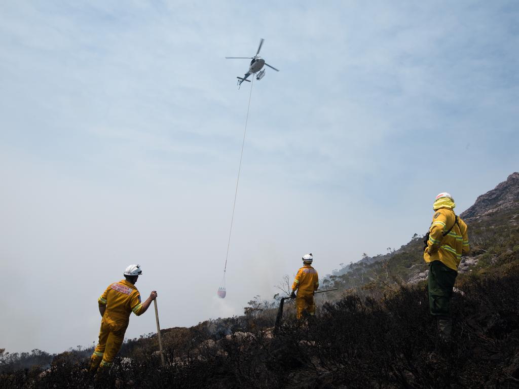 Tasmania Fire Service firefighters at the Gell River fire. Picture: WARREN FREY/TASMANIA FIRE SERVICE