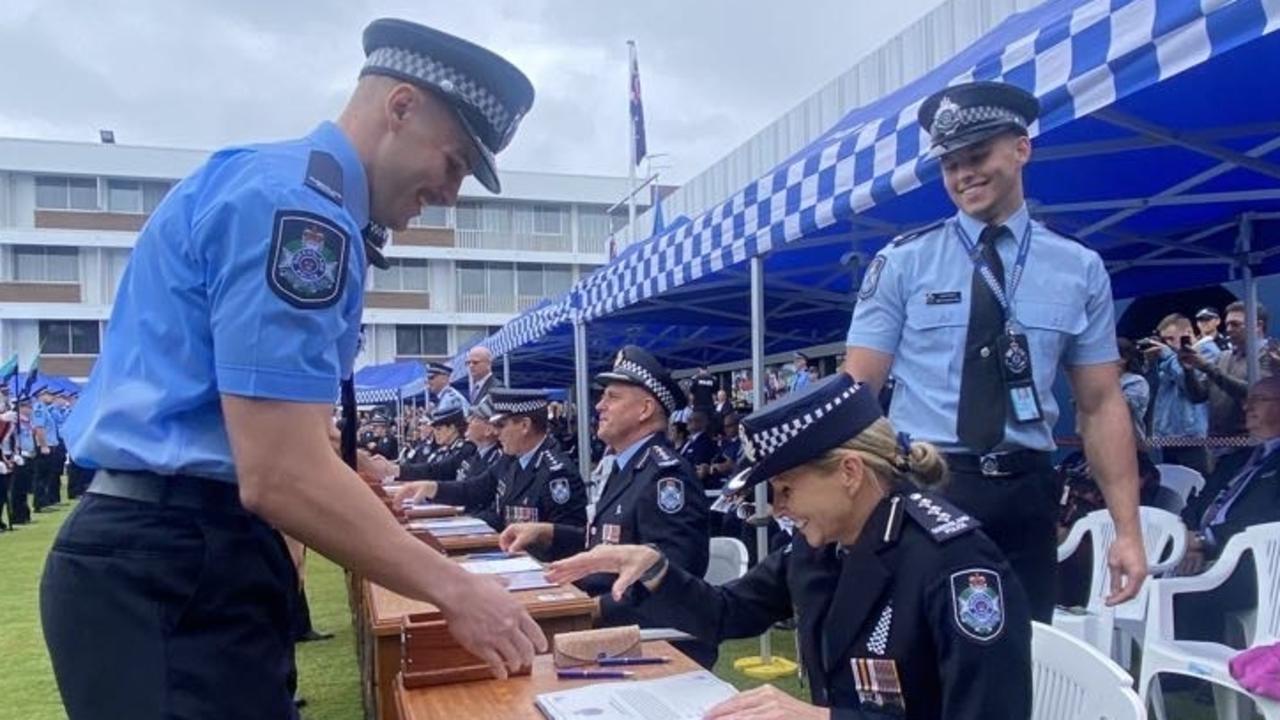 Senior Sergeant Angelique Maloney was the table officer when her youngest son, Josh Munckton, was sworn in. Her elder son, Matt Munckton, stands in the background. Picture: supplied.