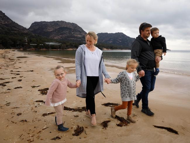 Tassie family holidaying on the Freycinet Peninsula on Tasmania's east coast, Angela and Daniel Longey with their kids Ayla, Sage and Henry.13/08/2020photo by Peter Mathew