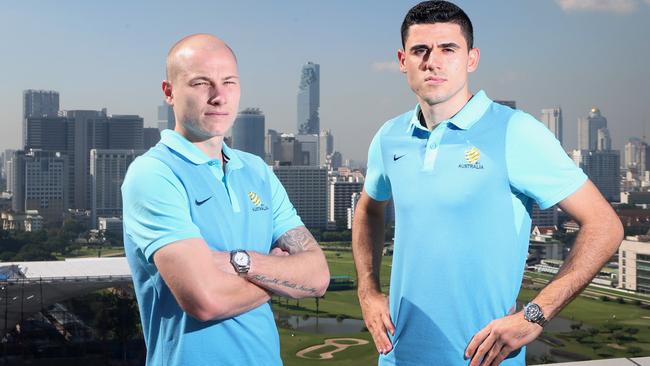 Aaron Mooy and Tom Rogic on the roof of the Grand Hyatt in Bangkok. Picture: Jono Searle