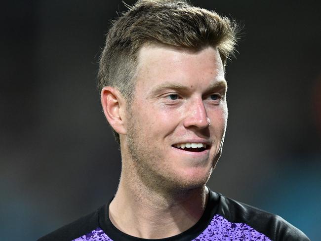 HOBART, AUSTRALIA - JANUARY 14: Mitch Owen of the Hurricanes looks on during the BBL match between the Hobart Hurricanes and Melbourne Renegades at Blundstone Arena, on January 14, 2025, in Hobart, Australia. (Photo by Steve Bell/Getty Images)