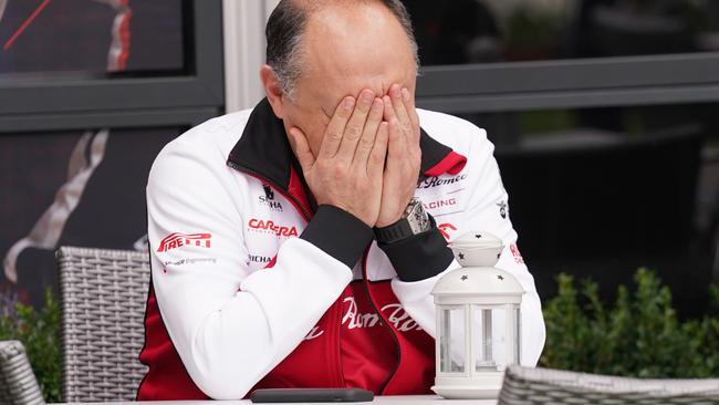 Alfa Romeo team principal Frederic Vasseu reacts after the Australian Grand Prix was cancelled. Picture: AAP Image/Michael Dodge