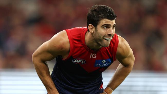 MELBOURNE, AUSTRALIA - APRIL 11: Christian Petracca of the Demons looks on during the round five AFL match between Melbourne Demons and Brisbane Lions at Melbourne Cricket Ground, on April 11, 2024, in Melbourne, Australia. (Photo by Robert Cianflone/Getty Images)