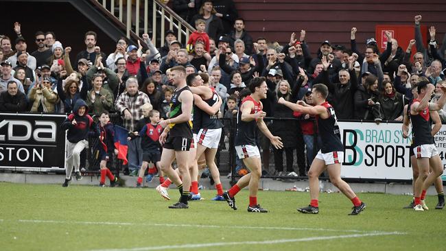 Mt Eliza players celebrate the win as the siren sounds. Picture: Andrew Batsch